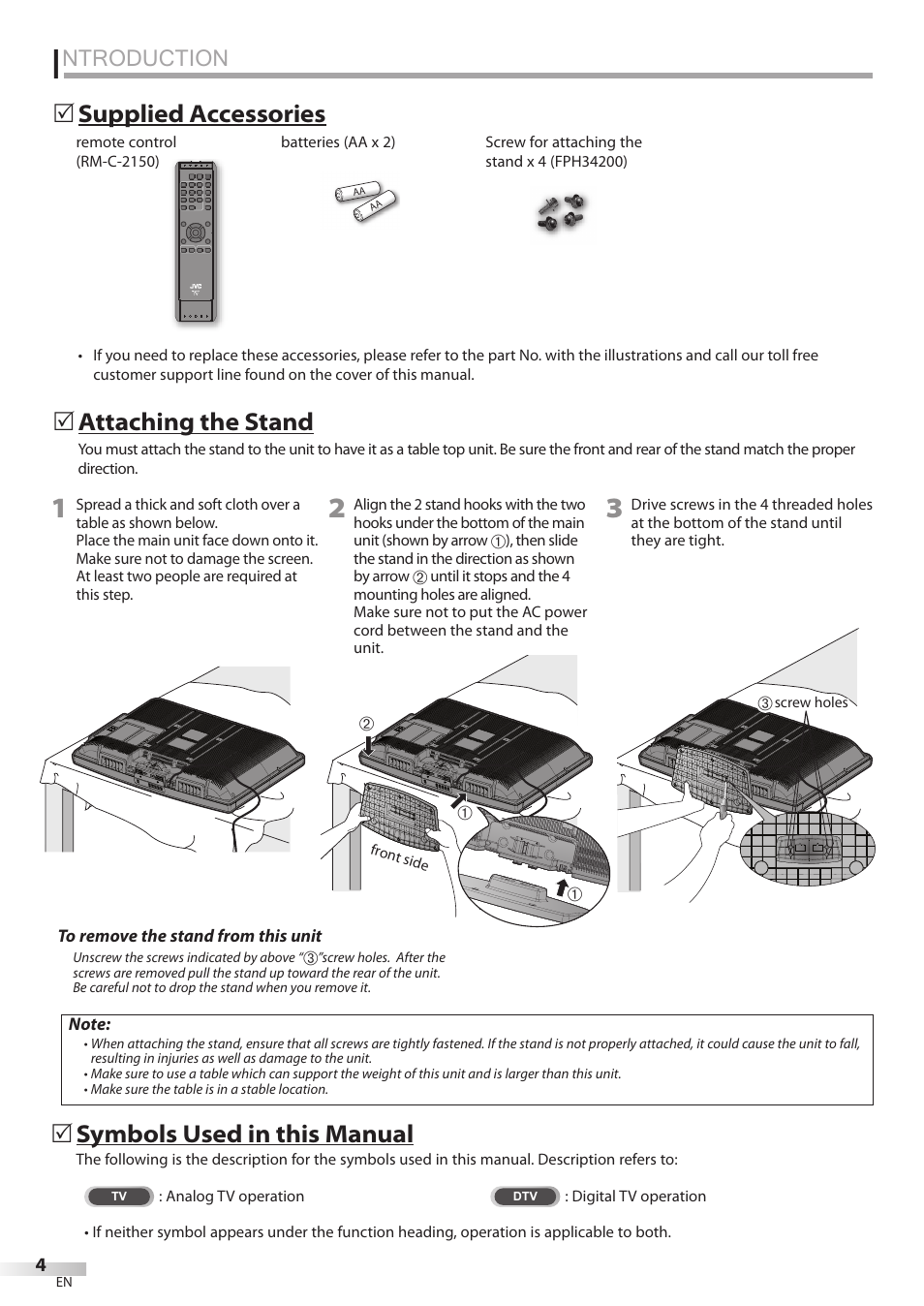 Introduction, Ntroduction, 5 supplied accessories 5 attaching the stand | 5 symbols used in this manual | JVC A91F5UH User Manual | Page 4 / 40