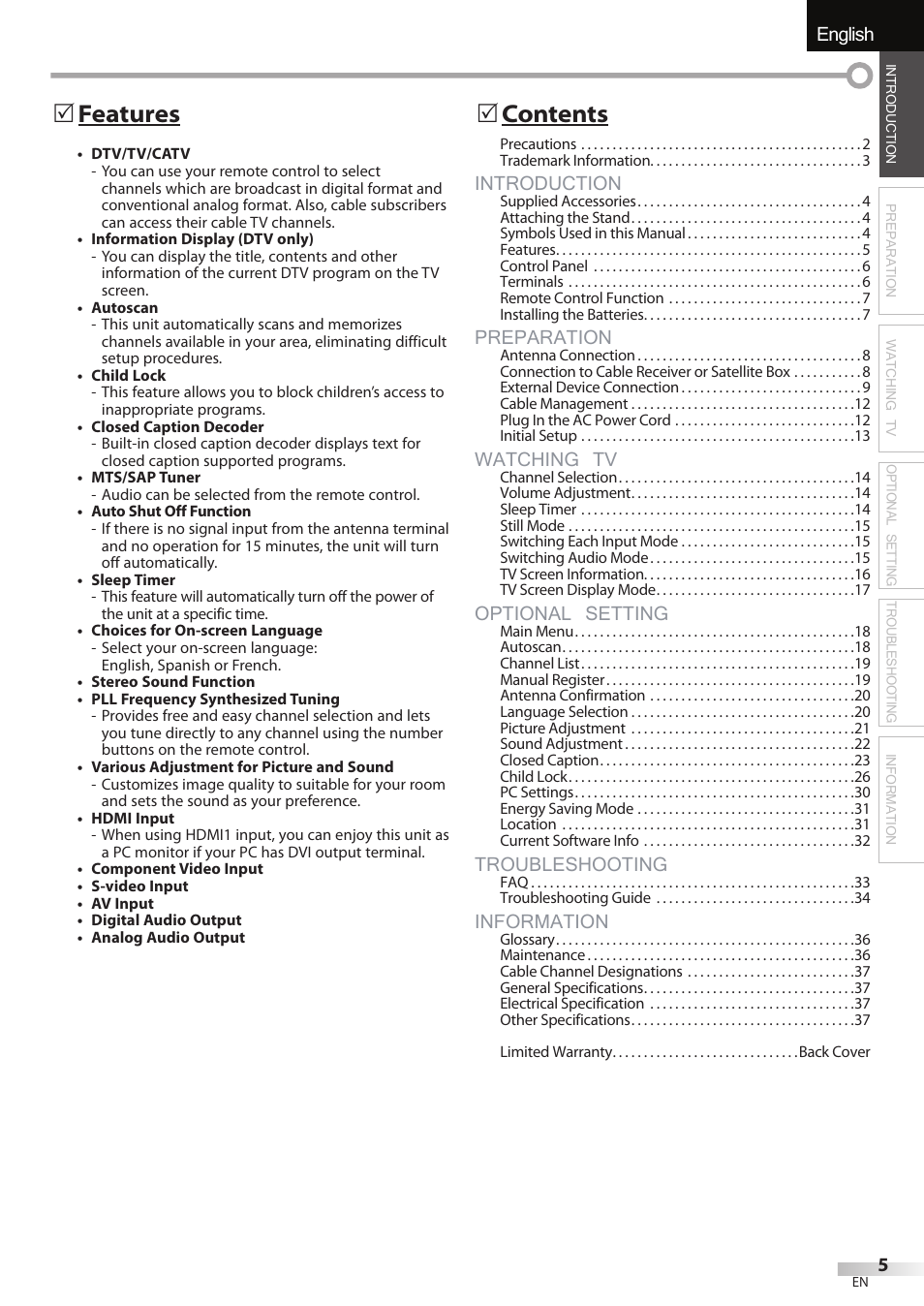 English, Introduction, Preparation | Watching tv, Optional setting, Troubleshooting, Information, 5 features, 5 contents | JVC A91F5UH User Manual | Page 5 / 40