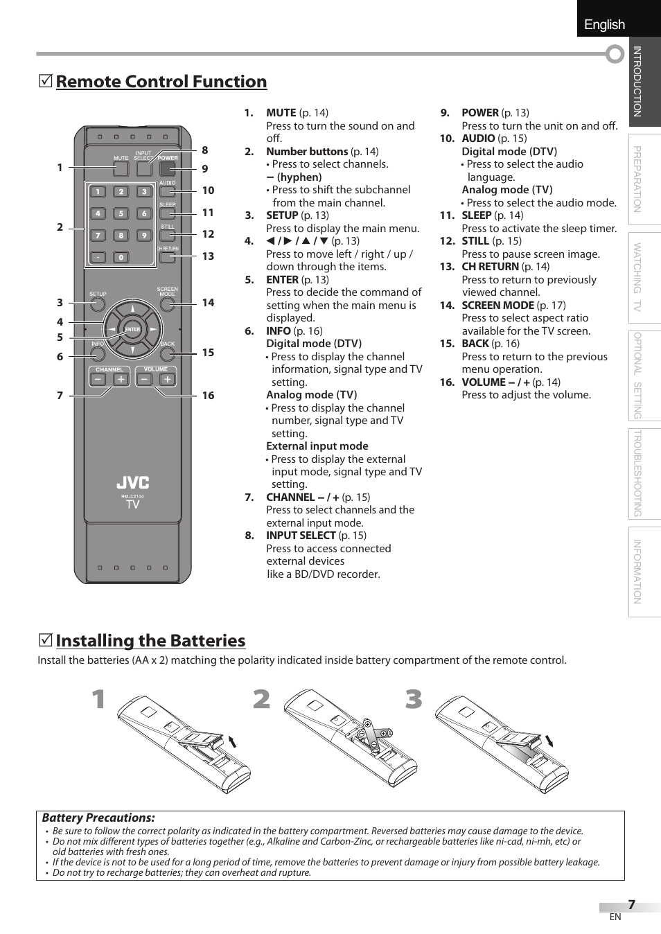 English, 5 remote control function, 5 installing the batteries | JVC A91F5UH User Manual | Page 7 / 40