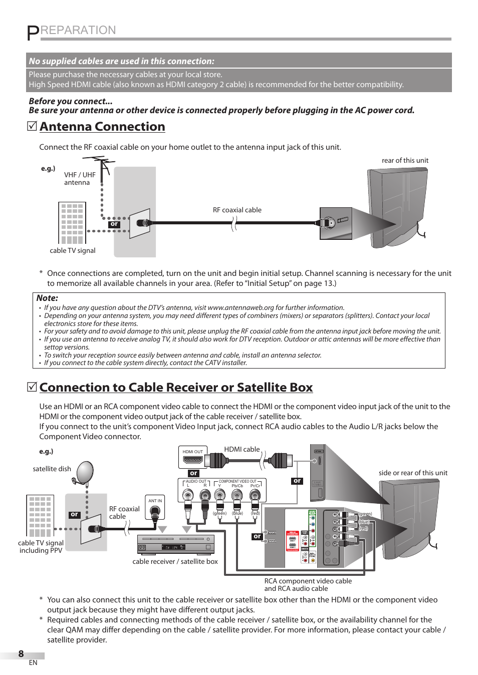 Preparation, Reparation, 5 antenna connection | 5 connection to cable receiver or satellite box, No supplied cables are used in this connection | JVC A91F5UH User Manual | Page 8 / 40