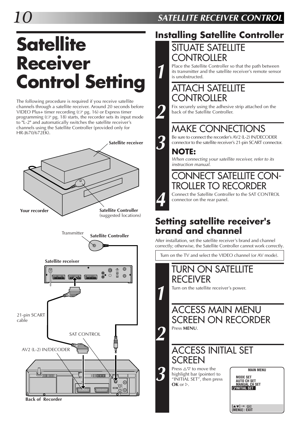 Satellite receiver control setting, Situate satellite controller, Attach satellite controller | Make connections, Connect satellite con- troller to recorder, Turn on satellite receiver, Access main menu screen on recorder, Access initial set screen | JVC HR-J670EK User Manual | Page 10 / 56