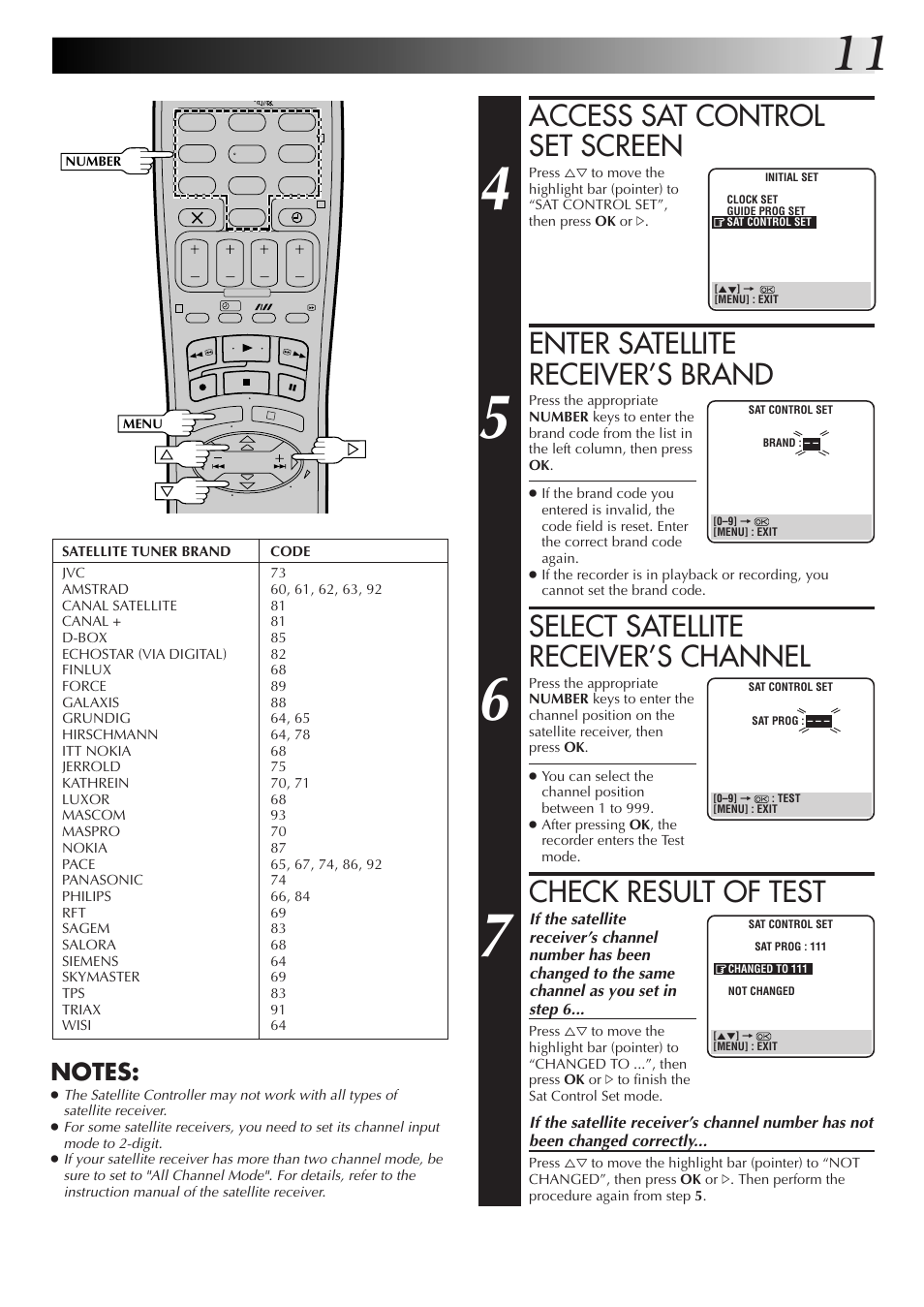 Access sat control set screen, Enter satellite receiver’s brand, Select satellite receiver’s channel | Check result of test | JVC HR-J670EK User Manual | Page 11 / 56