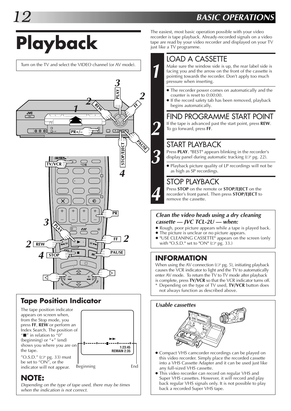 Playback, Basic operations, Load a cassette | Find programme start point, Start playback, Stop playback | JVC HR-J670EK User Manual | Page 12 / 56