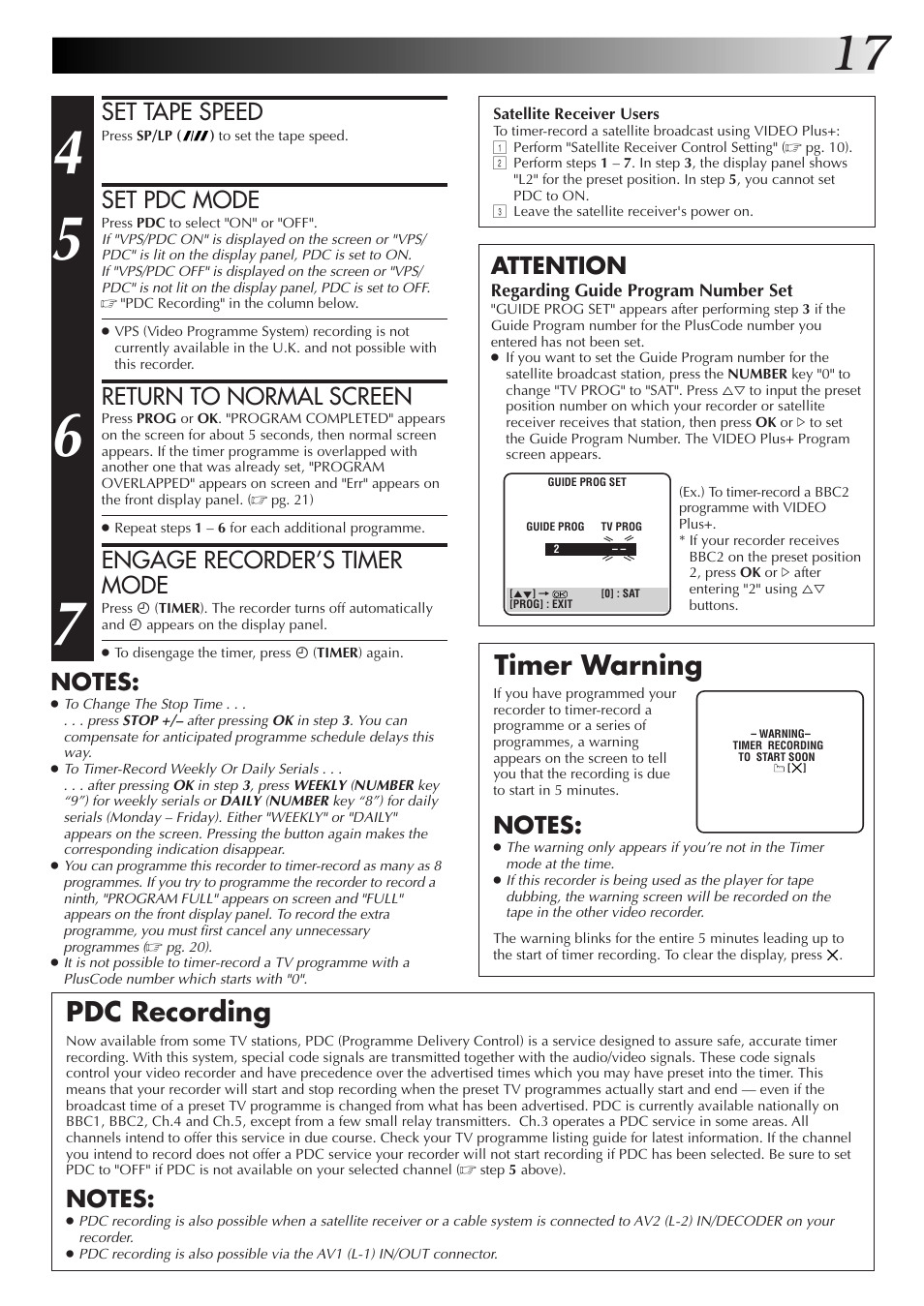 Pdc recording timer warning, Set tape speed, Set pdc mode | Return to normal screen, Engage recorder’s timer mode, Attention | JVC HR-J670EK User Manual | Page 17 / 56