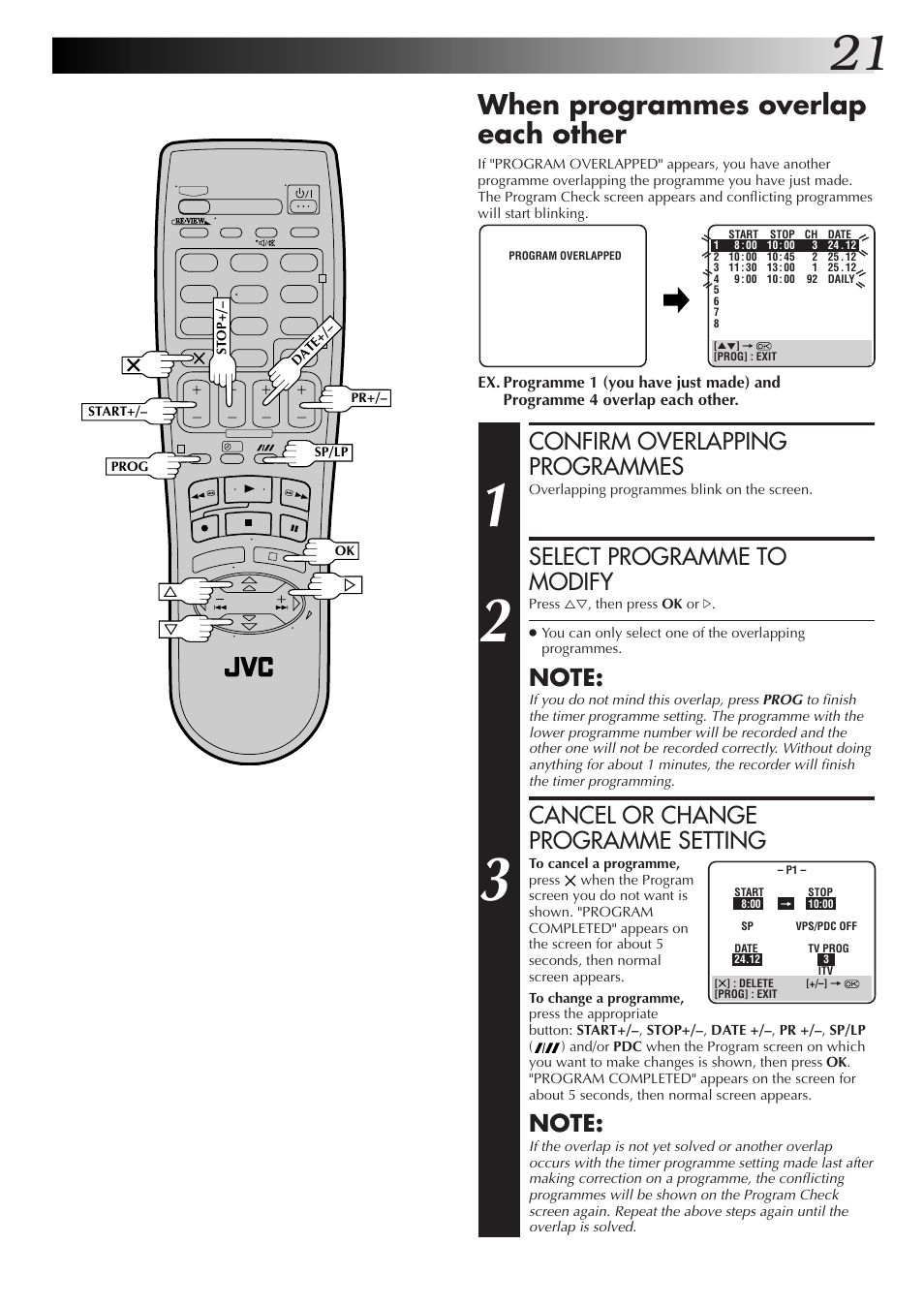 When programmes overlap each other, Confirm overlapping programmes, Select programme to modify | Cancel or change programme setting | JVC HR-J670EK User Manual | Page 21 / 56