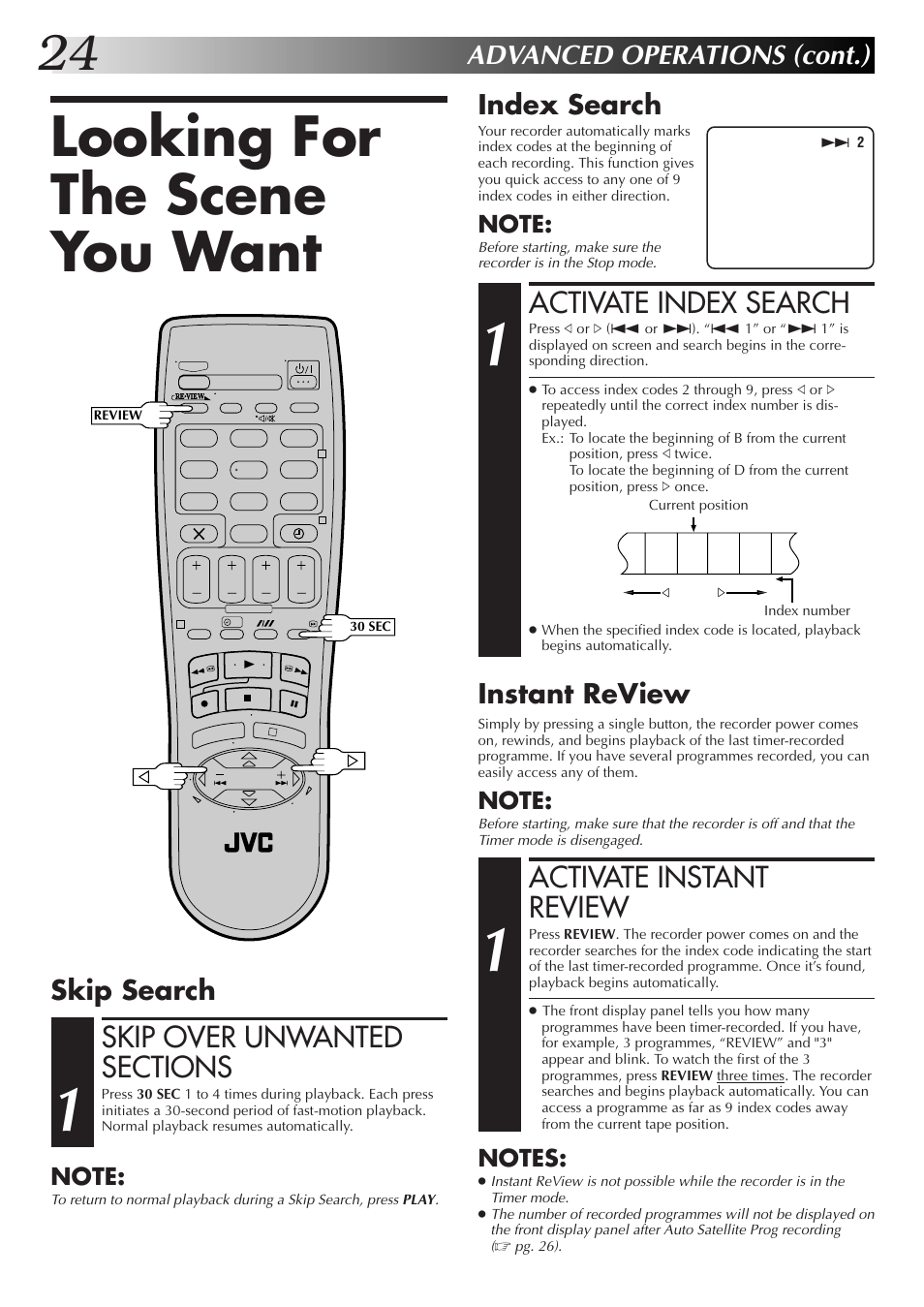 Looking for the scene you want, Activate index search, Activate instant review | Advanced operations (cont.), Index search, Skip search, Instant review | JVC HR-J670EK User Manual | Page 24 / 56