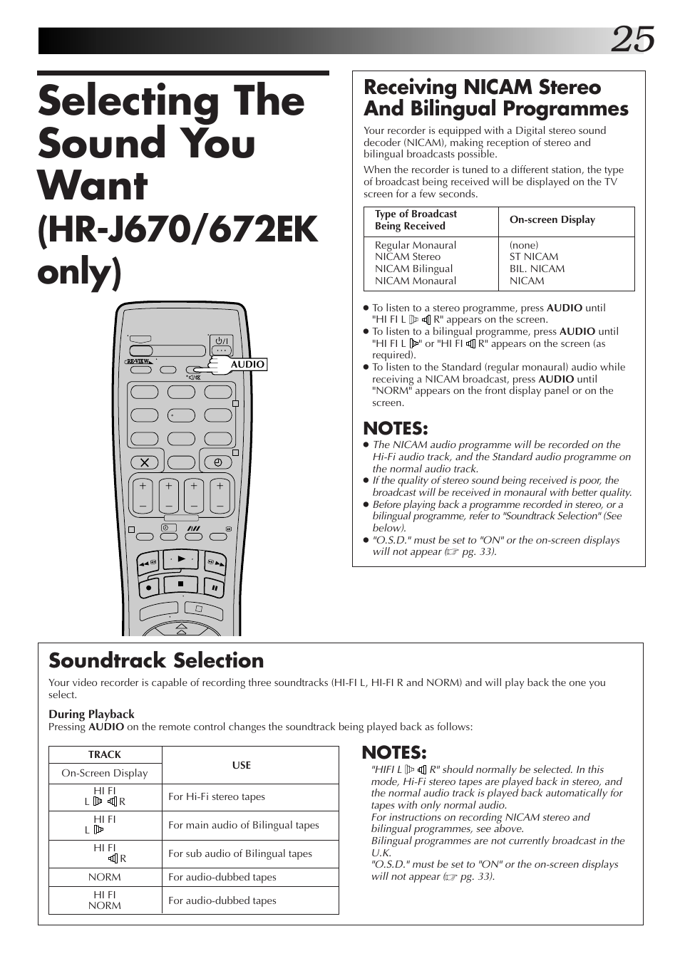 Selecting the sound you want, Receiving nicam stereo and bilingual programmes, Soundtrack selection | JVC HR-J670EK User Manual | Page 25 / 56