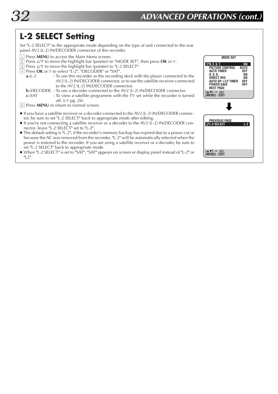 Advanced operations (cont.), L-2 select setting | JVC HR-J670EK User Manual | Page 32 / 56