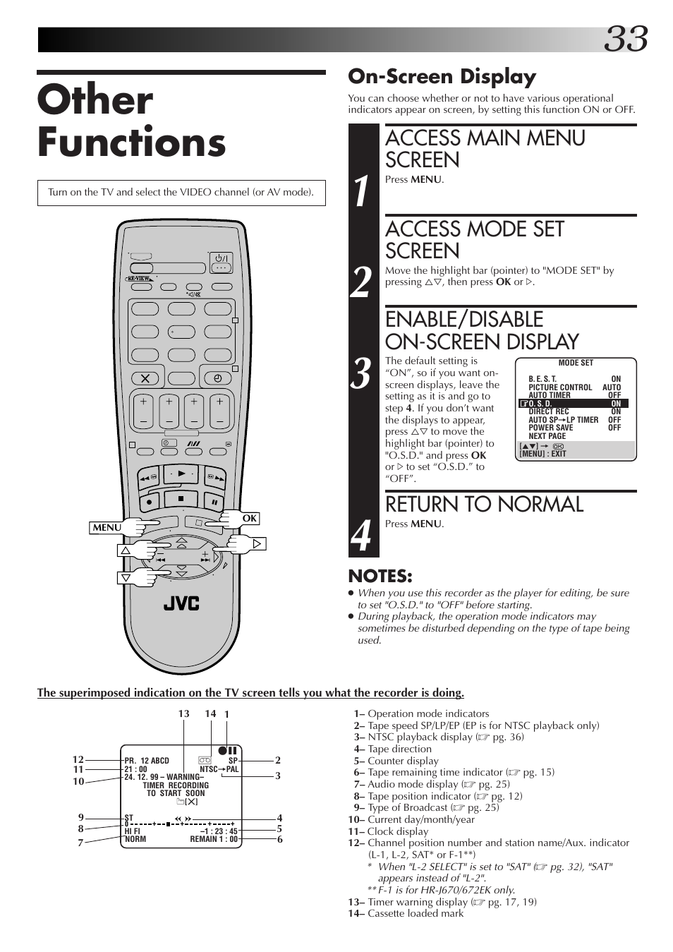 Other functions, Access main menu screen, Access mode set screen | Enable/disable on-screen display, Return to normal, On-screen display | JVC HR-J670EK User Manual | Page 33 / 56