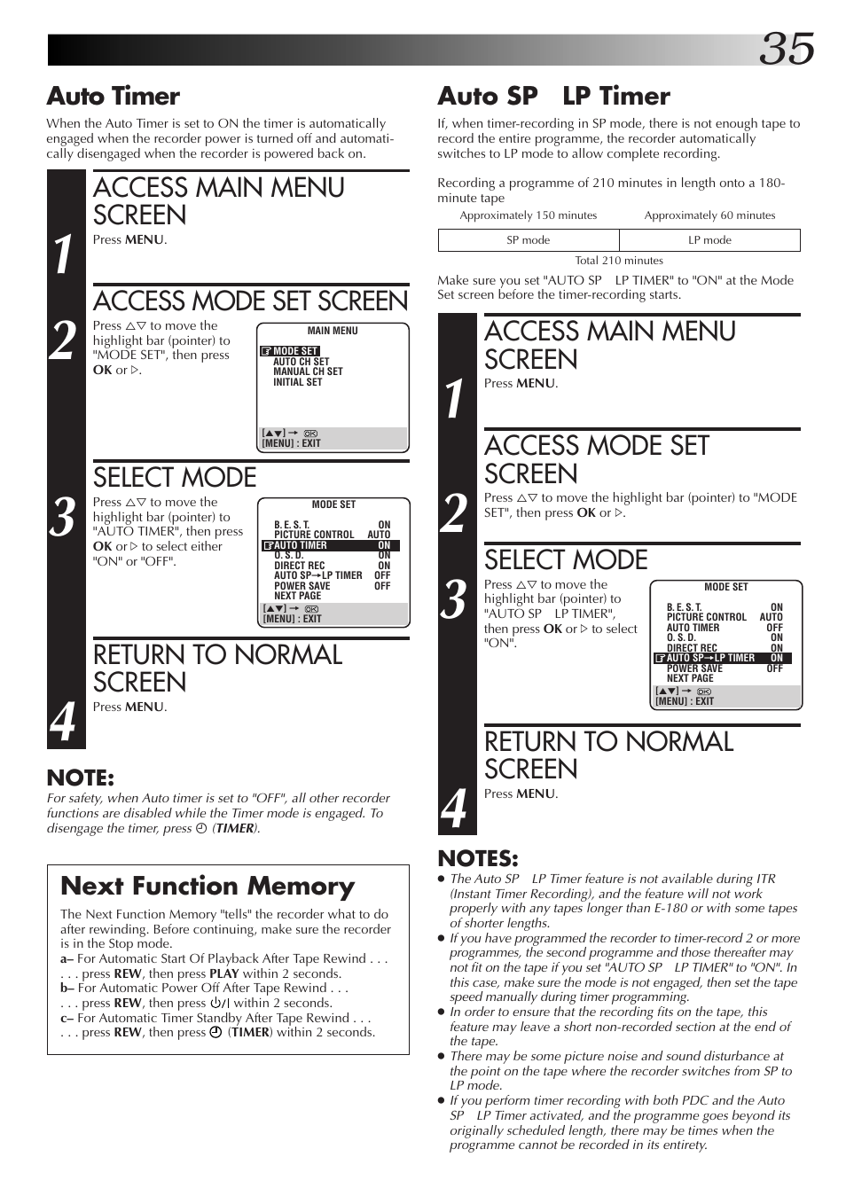Access main menu screen, Access mode set screen, Select mode | Return to normal screen, Auto timer, Auto sp → lp timer | JVC HR-J670EK User Manual | Page 35 / 56