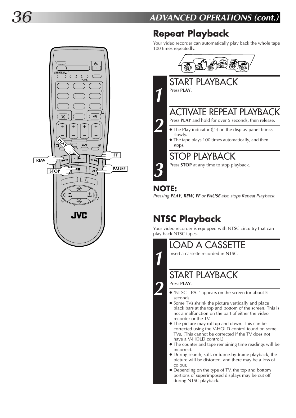 Start playback, Activate repeat playback, Stop playback | Load a cassette, Advanced operations (cont.), Repeat playback, Ntsc playback | JVC HR-J670EK User Manual | Page 36 / 56