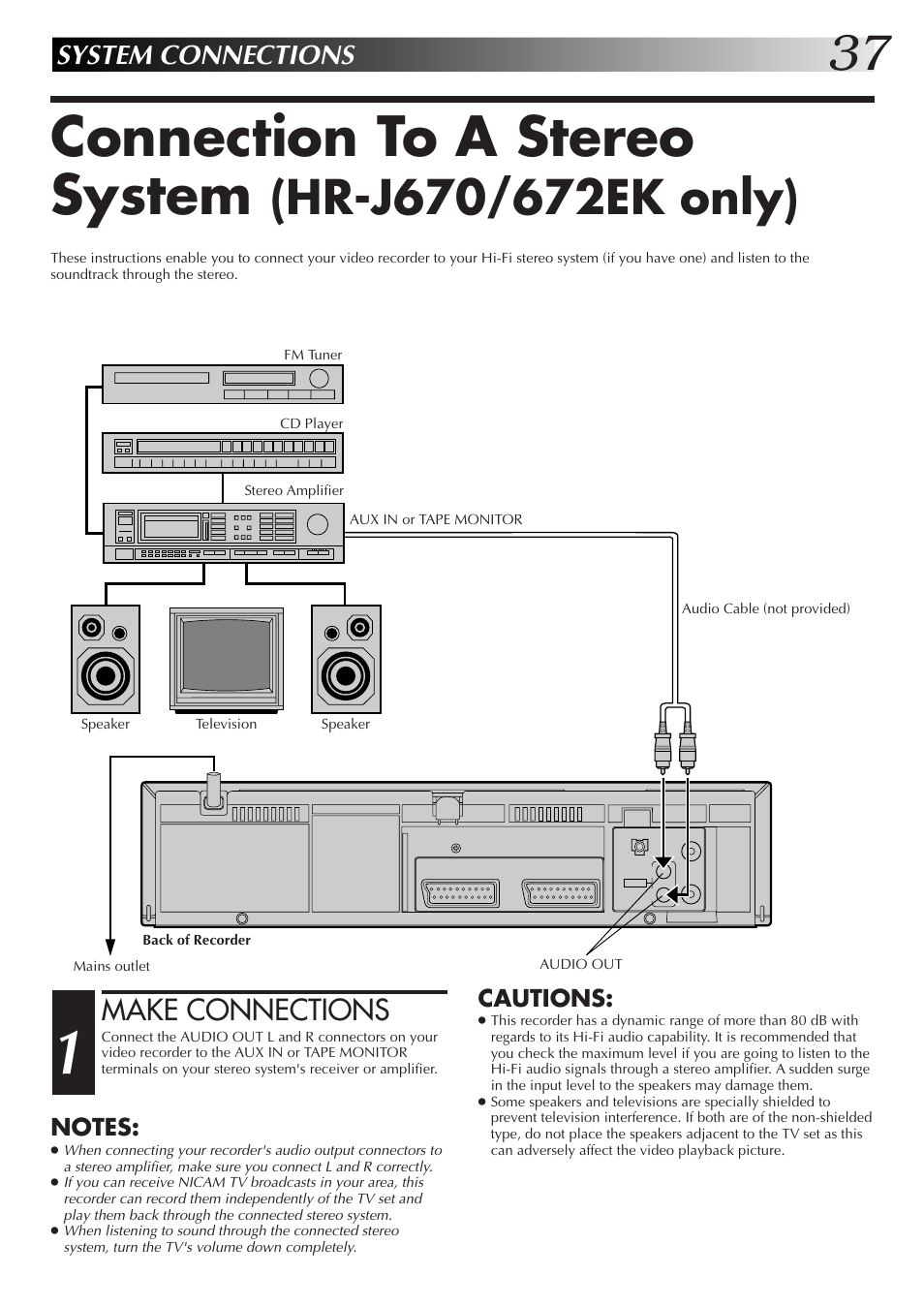 Connection to a stereo system, Make connections, System connections | Cautions | JVC HR-J670EK User Manual | Page 37 / 56