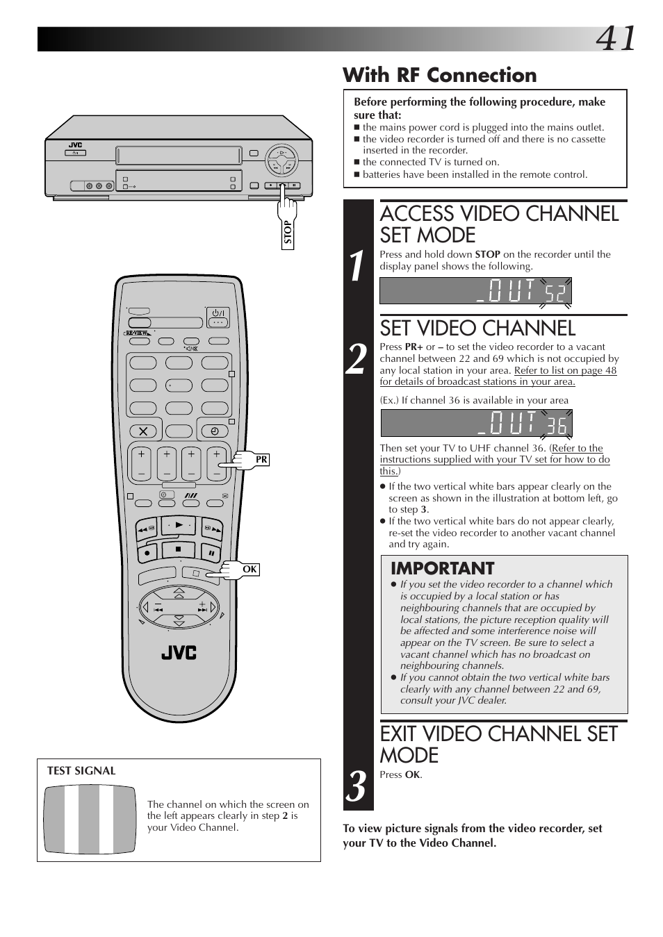 Access video channel set mode, Set video channel, Exit video channel set mode | With rf connection, Important | JVC HR-J670EK User Manual | Page 41 / 56
