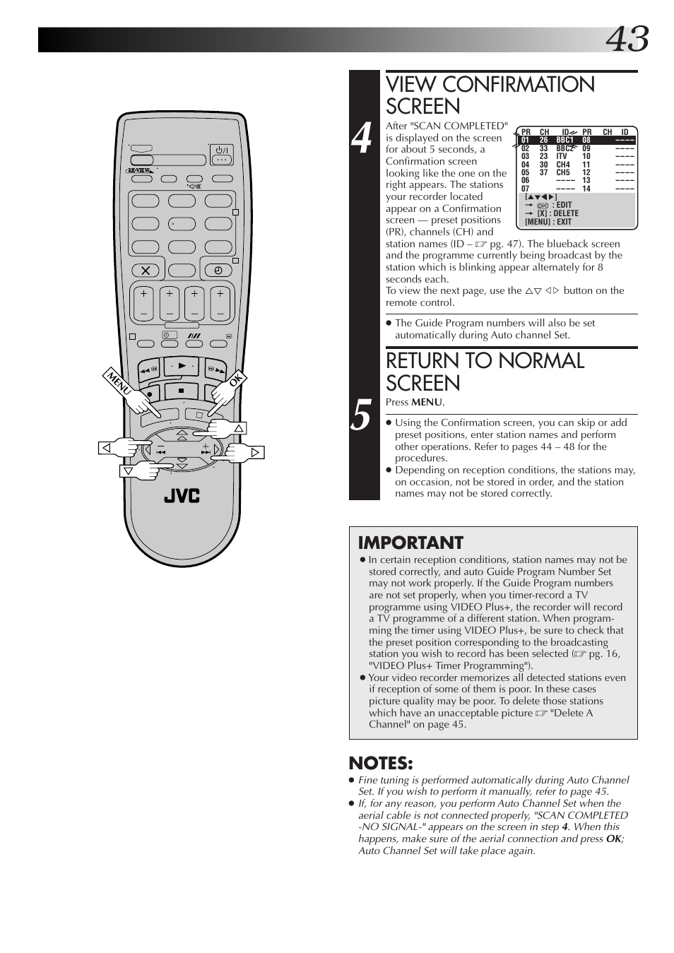 View confirmation screen, Return to normal screen, Important | JVC HR-J670EK User Manual | Page 43 / 56