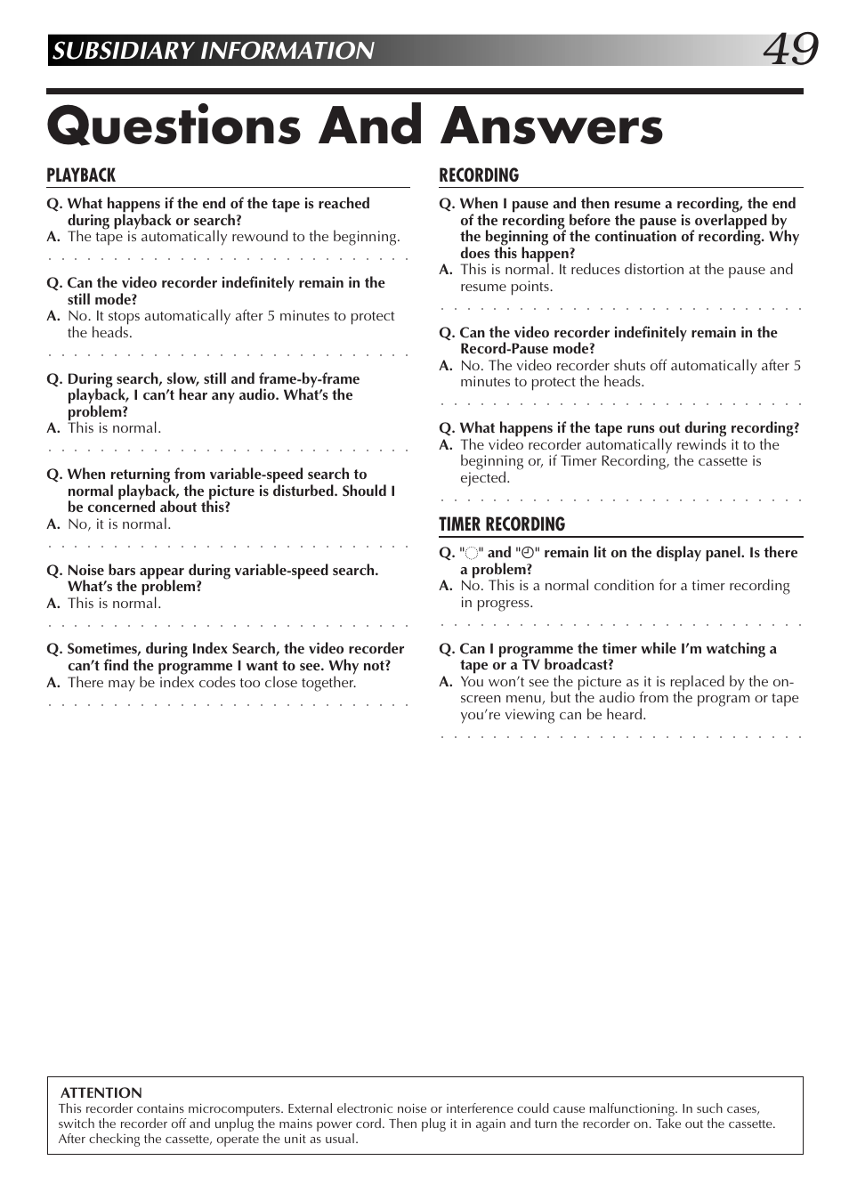 Questions and answers, Subsidiary information, Playback | Recording, Timer recording | JVC HR-J670EK User Manual | Page 49 / 56