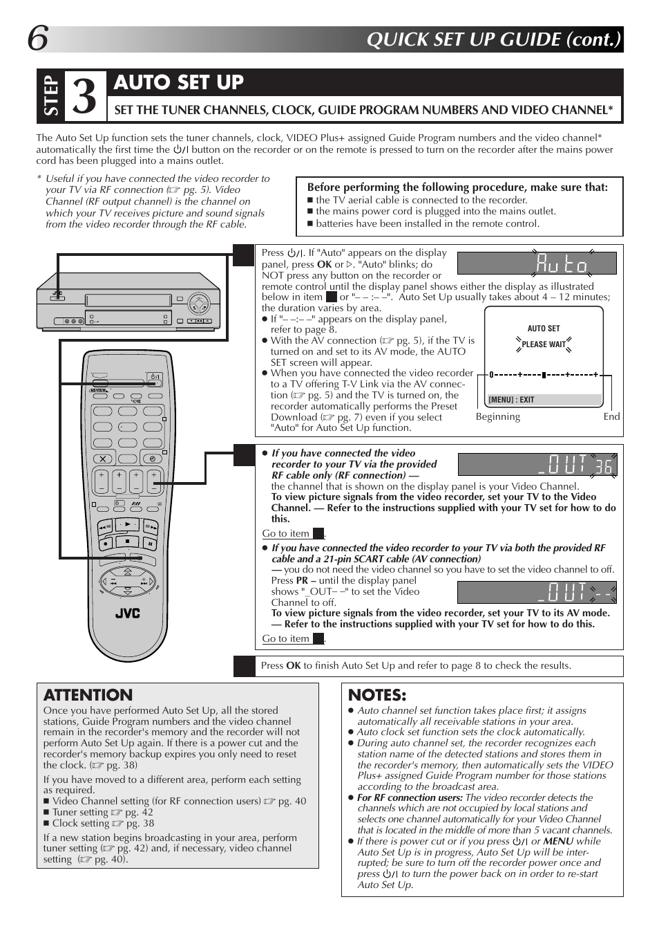 Quick set up guide (cont.), Step, Auto set up | Attention | JVC HR-J670EK User Manual | Page 6 / 56