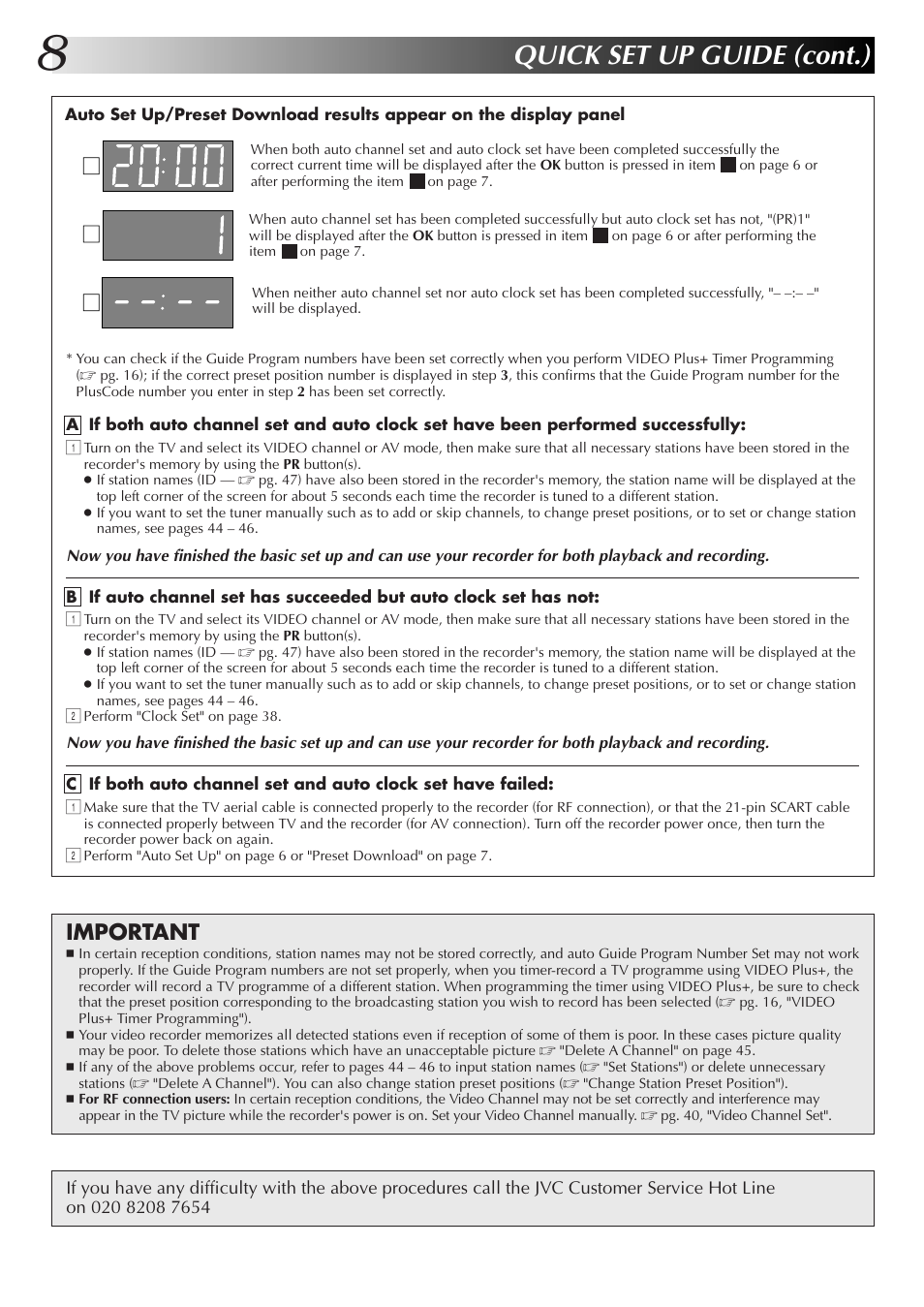 Quick set up guide (cont.), Important | JVC HR-J670EK User Manual | Page 8 / 56