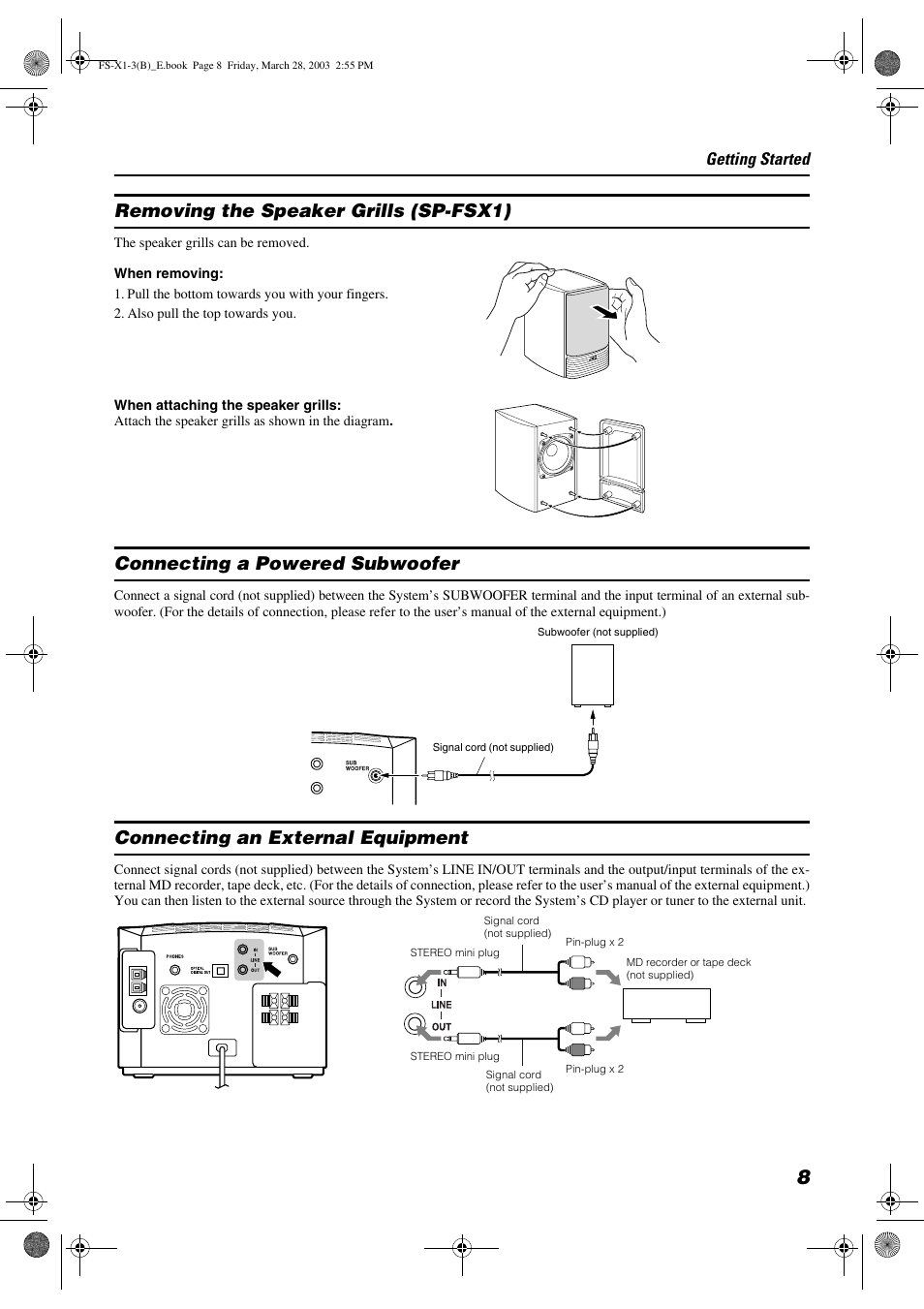 Removing the speaker grills (sp-fsx1), Connecting a powered subwoofer, Connecting an external equipment | JVC SP-FSX3 User Manual | Page 11 / 35