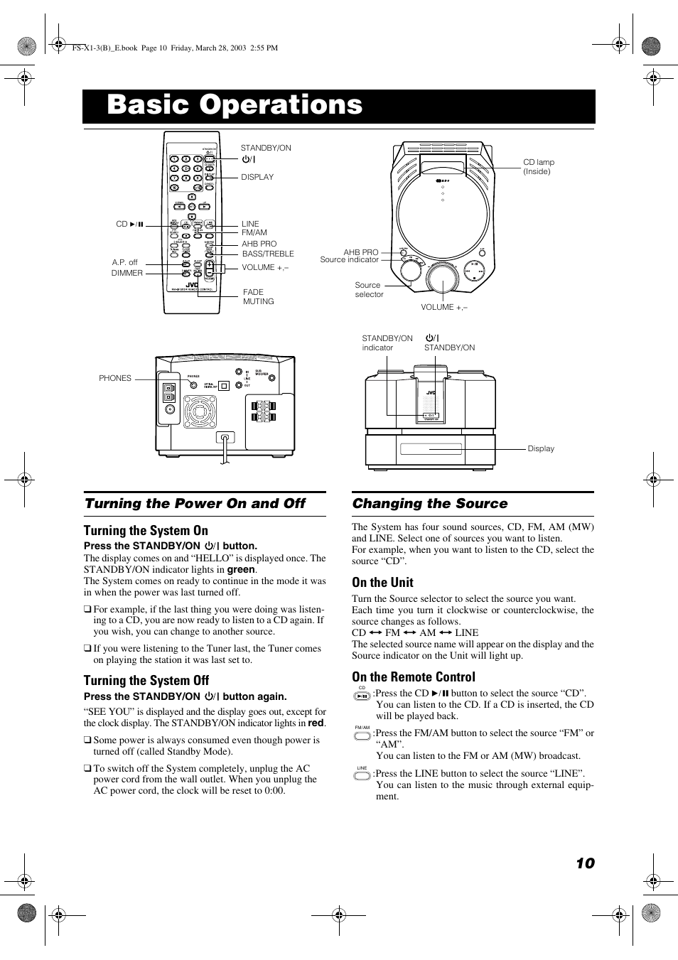 Basic operations, Turning the power on and off turning the system on, Turning the system off | Changing the source, On the unit, On the remote control | JVC SP-FSX3 User Manual | Page 13 / 35