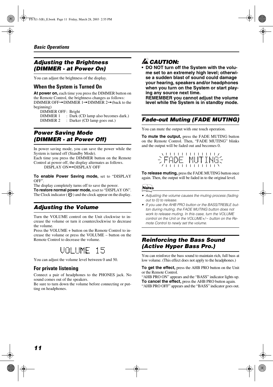 Adjusting the brightness (dimmer - at power on), When the system is turned on, Power saving mode (dimmer - at power off) | Adjusting the volume, For private listening, Caution, Fade-out muting (fade muting) | JVC SP-FSX3 User Manual | Page 14 / 35