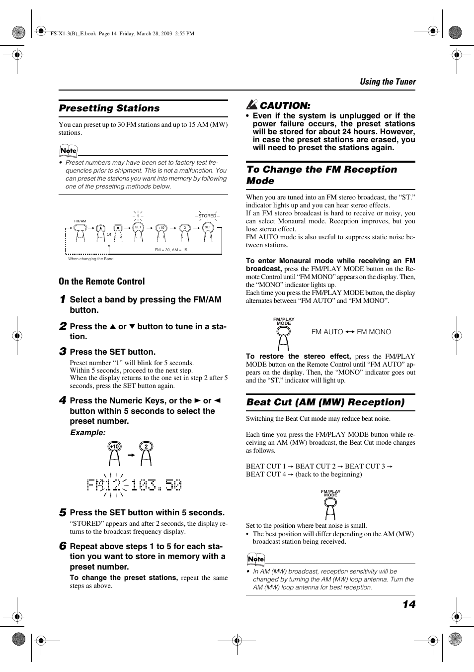 Presetting stations, On the remote control, Caution | Beat cut (am (mw) reception) | JVC SP-FSX3 User Manual | Page 17 / 35