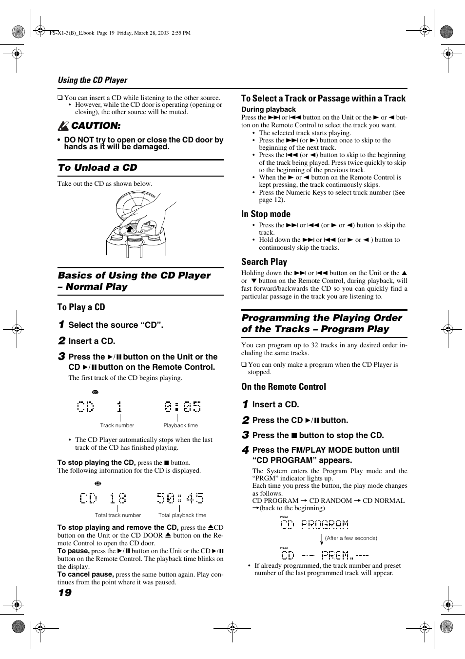 Caution, Search play, On the remote control | JVC SP-FSX3 User Manual | Page 22 / 35