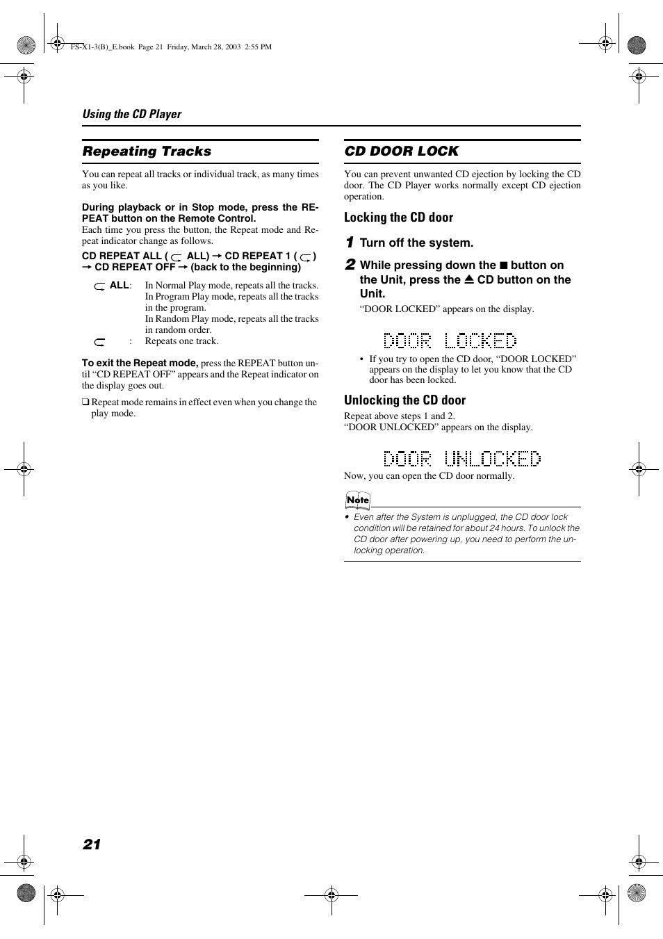 Repeating tracks, Cd door lock, Locking the cd door | Unlocking the cd door | JVC SP-FSX3 User Manual | Page 24 / 35