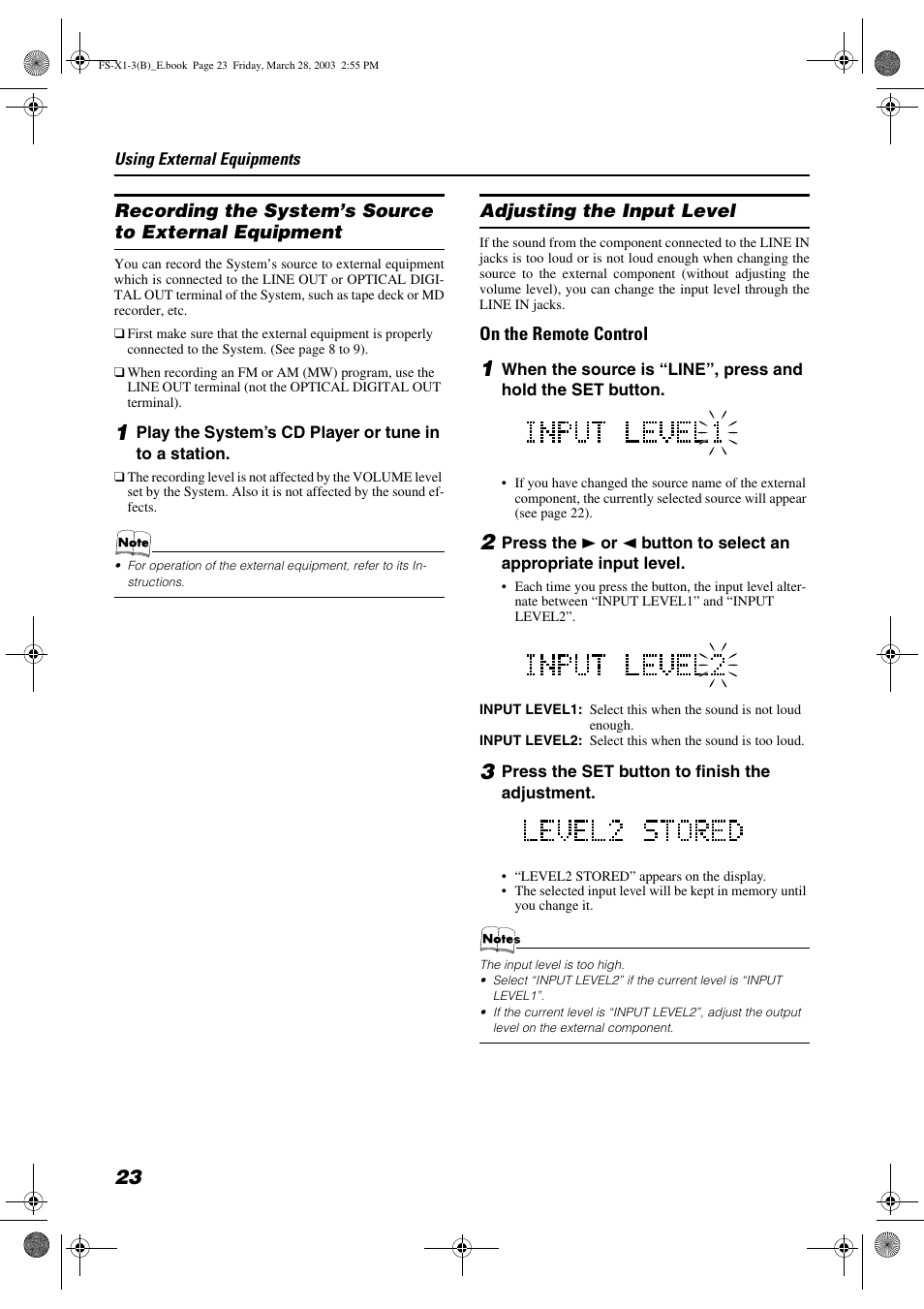 Adjusting the input level, On the remote control | JVC SP-FSX3 User Manual | Page 26 / 35