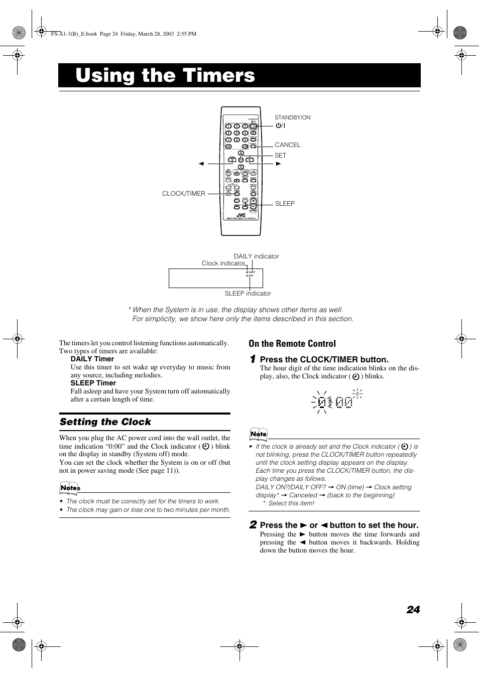 Using the timers, Setting the clock, On the remote control | JVC SP-FSX3 User Manual | Page 27 / 35