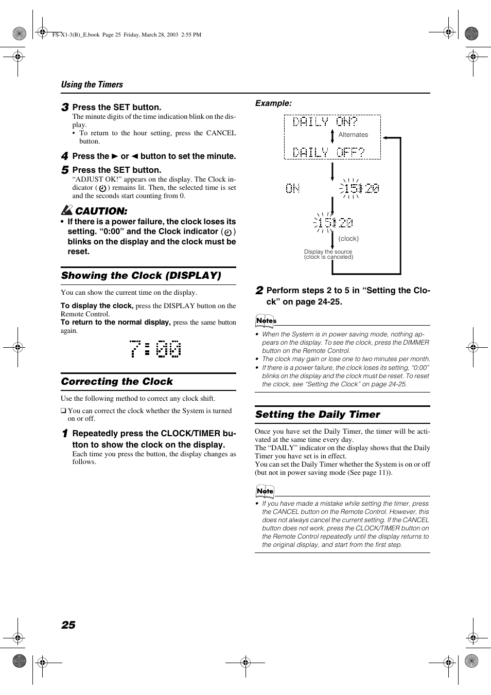 Caution, Showing the clock (display), Correcting the clock | Setting the daily timer | JVC SP-FSX3 User Manual | Page 28 / 35