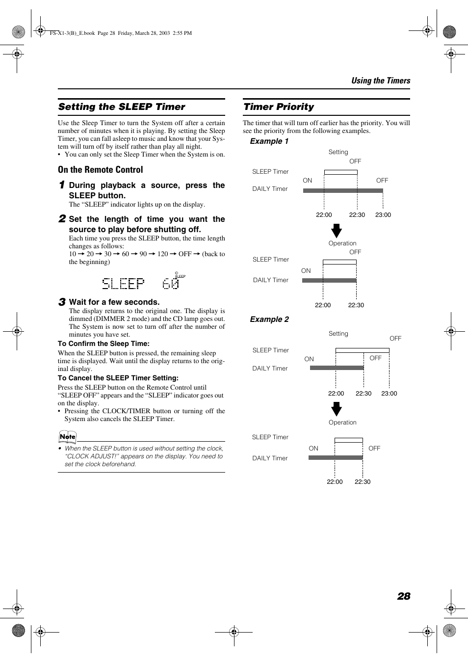 Setting the sleep timer, On the remote control, Timer priority | JVC SP-FSX3 User Manual | Page 31 / 35