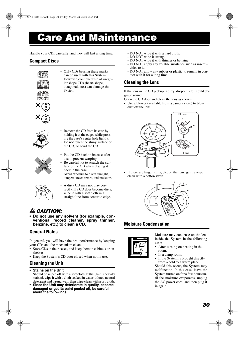 Care and maintenance, Compact discs caution, Cleaning the unit | Cleaning the lens, Moisture condensation | JVC SP-FSX3 User Manual | Page 33 / 35