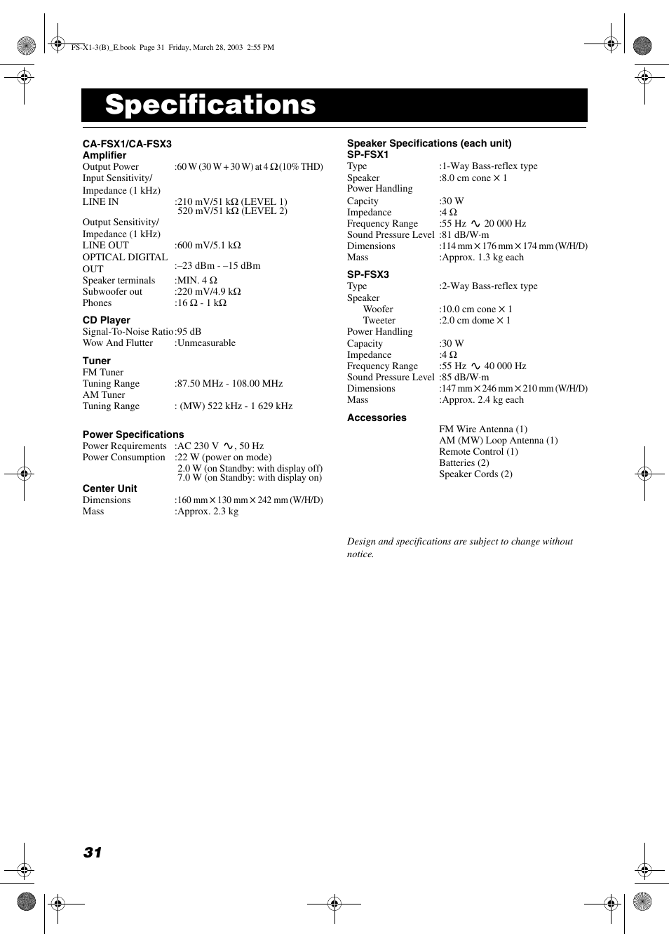 Specifications | JVC SP-FSX3 User Manual | Page 34 / 35
