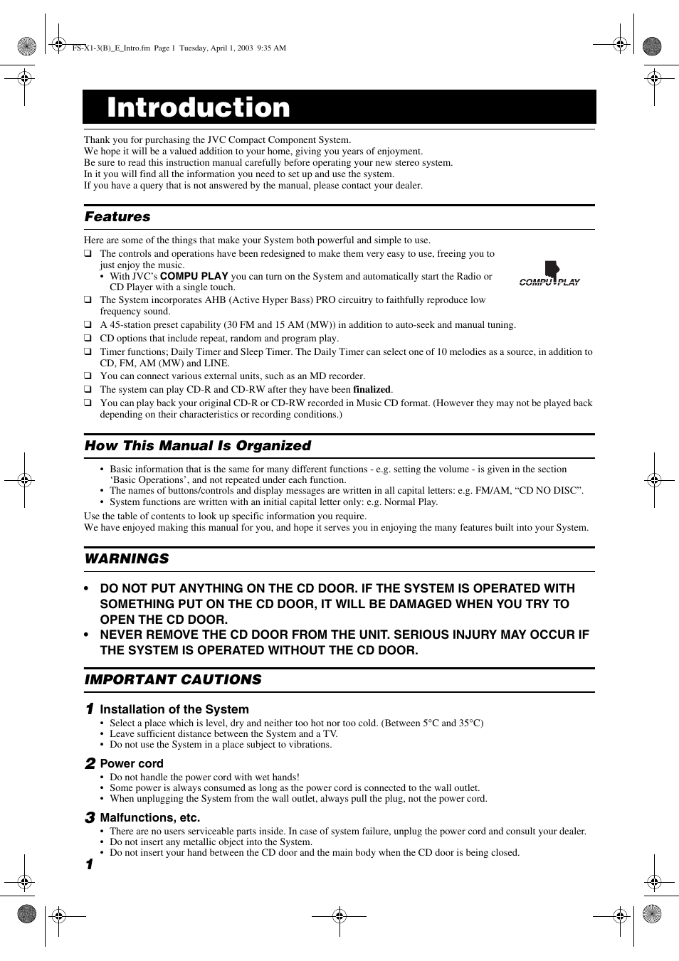 Introduction | JVC SP-FSX3 User Manual | Page 4 / 35