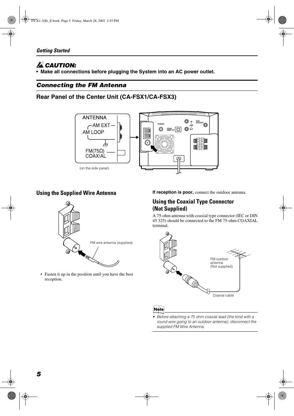 Caution, Using the coaxial type connector (not supplied) | JVC SP-FSX3 User Manual | Page 8 / 35