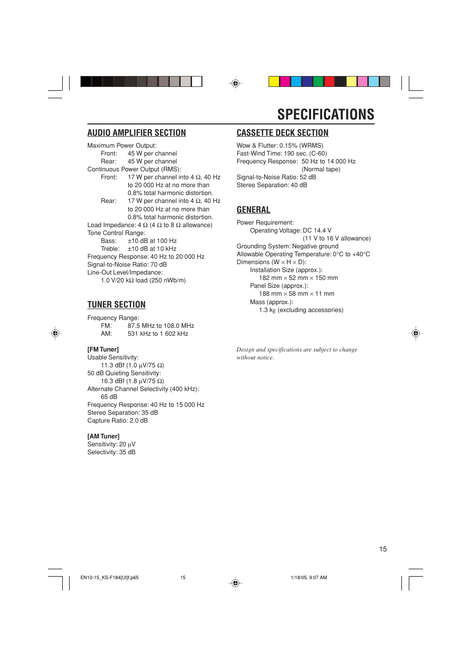 Specifications, General | JVC KS-F184 User Manual | Page 15 / 18