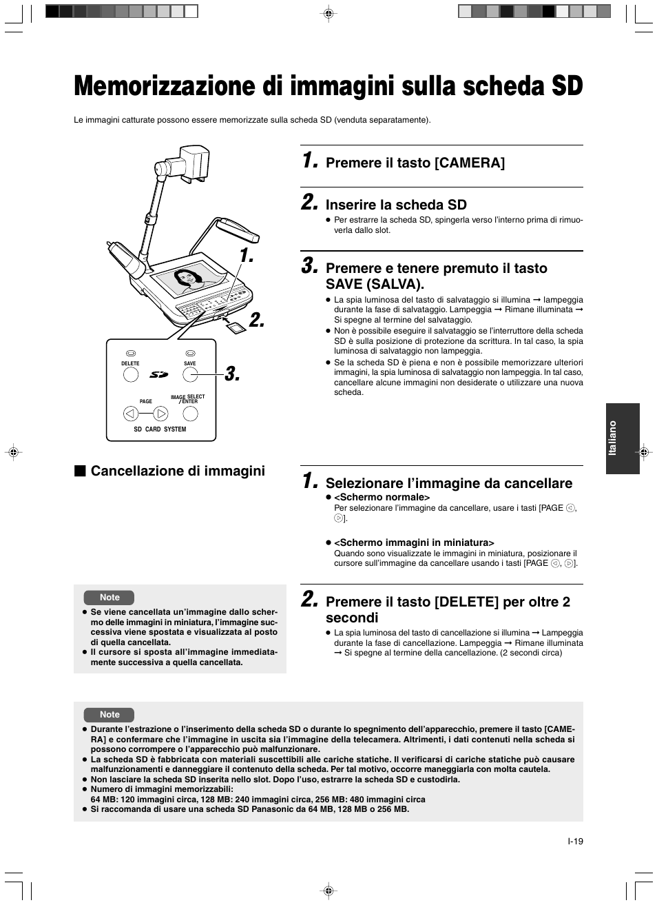 Funzionamento (applicazioni), Memorizzazione di immagini sulla scheda sd, Premere il tasto [camera | Inserire la scheda sd, Premere e tenere premuto il tasto save (salva), Selezionare l’immagine da cancellare, Premere il tasto [delete] per oltre 2 secondi, Cancellazione di immagini | JVC AV-P960E User Manual | Page 100 / 109