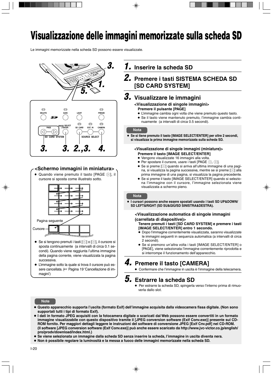 Inserire la scheda sd, Premere i tasti sistema scheda sd [sd card system, Visualizzare le immagini | Premere il tasto [camera, Estrarre la scheda sd | JVC AV-P960E User Manual | Page 101 / 109