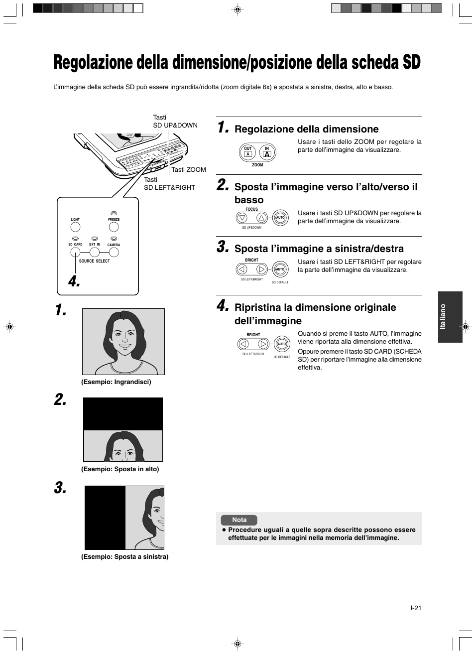 Regolazione della dimensione, Sposta l’immagine verso l’alto/verso il basso, Sposta l’immagine a sinistra/destra | Ripristina la dimensione originale dell’immagine | JVC AV-P960E User Manual | Page 102 / 109