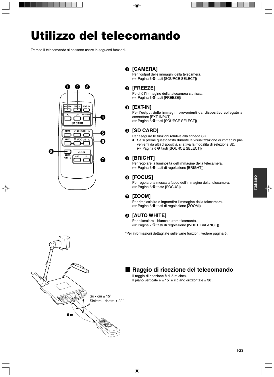Altro, Utilizzo del telecomando, Raggio di ricezione del telecomando | 1 [camera, 2 [freeze, 3 [ext-in, 4 [sd card, 5 [bright, 6 [focus, 7 [zoom | JVC AV-P960E User Manual | Page 104 / 109