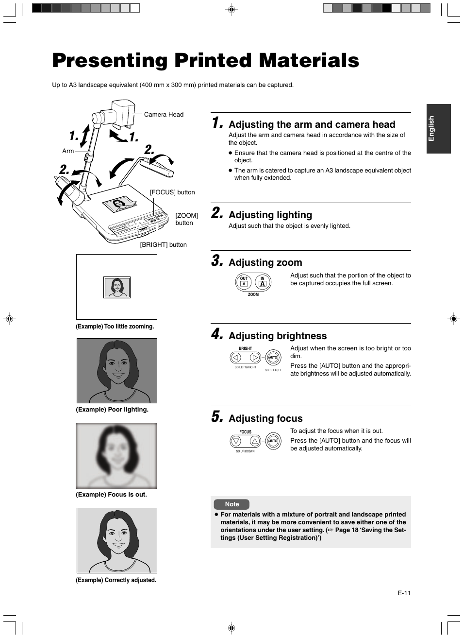 Operation (basic), Presenting printed materials, Adjusting the arm and camera head | Adjusting lighting, Adjusting zoom, Adjusting brightness, Adjusting focus | JVC AV-P960E User Manual | Page 11 / 109