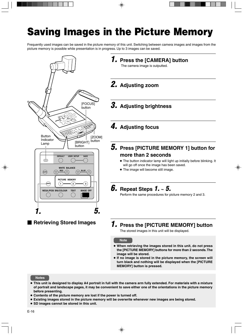 Saving images in the picture memory, Press the [camera] button, Adjusting zoom | Adjusting brightness, Adjusting focus, Repeat steps, Retrieving stored images | JVC AV-P960E User Manual | Page 16 / 109