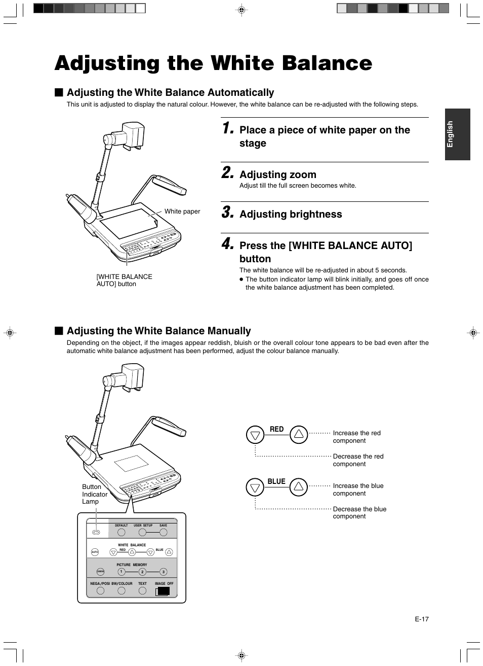 Adjusting the white balance, Place a piece of white paper on the stage, Adjusting zoom | Adjusting brightness, Press the [white balance auto] button, Adjusting the white balance automatically, Adjusting the white balance manually | JVC AV-P960E User Manual | Page 17 / 109