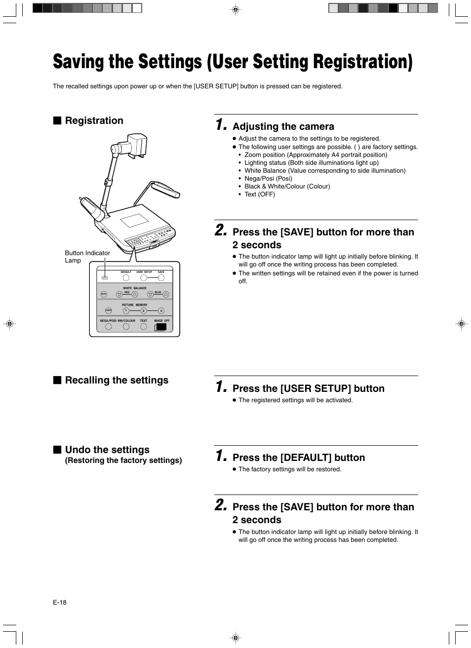 Saving the settings (user setting registration), Adjusting the camera, Press the [save] button for more than 2 seconds | Press the [user setup] button, Press the [default] button | JVC AV-P960E User Manual | Page 18 / 109