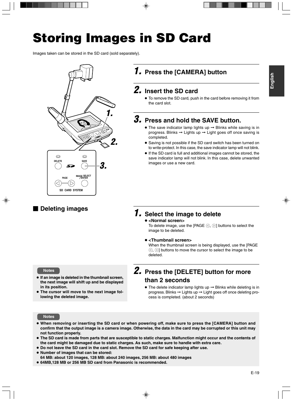Operation (application), Storing images in sd card, Press the [camera] button | Insert the sd card, Press and hold the save button, Select the image to delete, Press the [delete] button for more than 2 seconds, Deleting images | JVC AV-P960E User Manual | Page 19 / 109