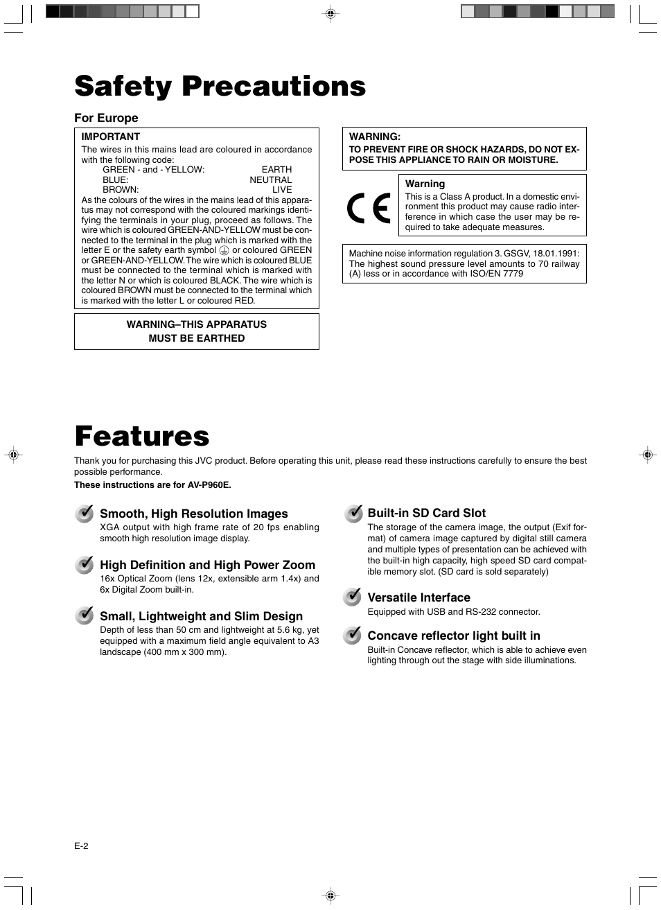 Getting started, Safety precautions, Features | JVC AV-P960E User Manual | Page 2 / 109