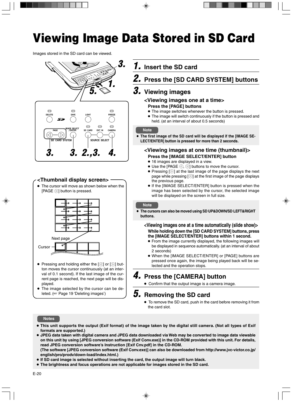 Viewing image data stored in sd card, Insert the sd card, Press the [sd card system] buttons | Viewing images, Press the [camera] button, Removing the sd card | JVC AV-P960E User Manual | Page 20 / 109