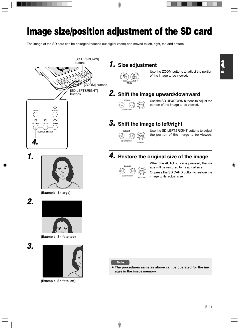 Image size/position adjustment of the sd card, Size adjustment, Shift the image upward/downward | Shift the image to left/right, Restore the original size of the image | JVC AV-P960E User Manual | Page 21 / 109