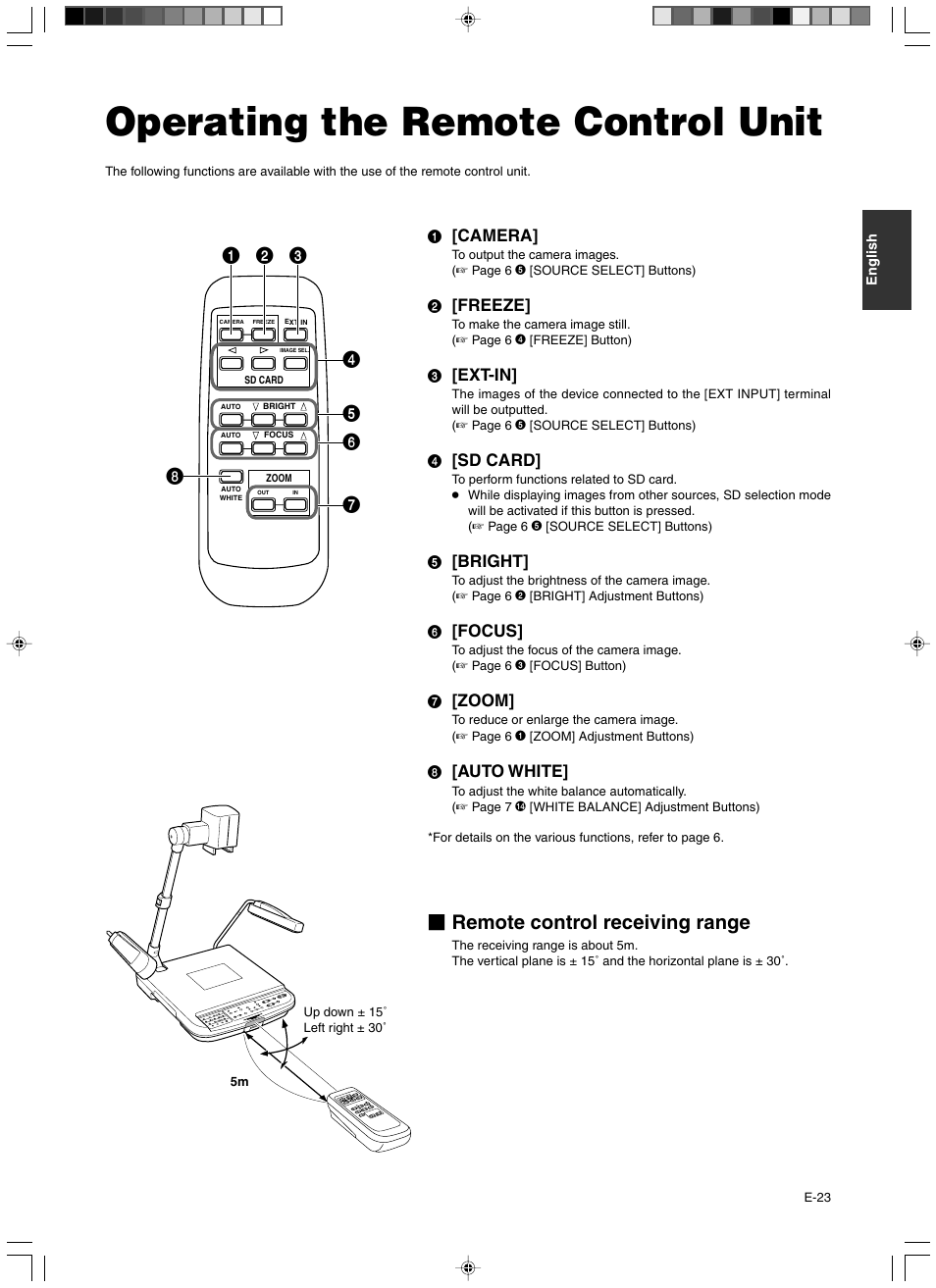 Others, Operating the remote control unit, Remote control receiving range | 1 [camera, 2 [freeze, 3 [ext-in, 4 [sd card, 5 [bright, 6 [focus, 7 [zoom | JVC AV-P960E User Manual | Page 23 / 109