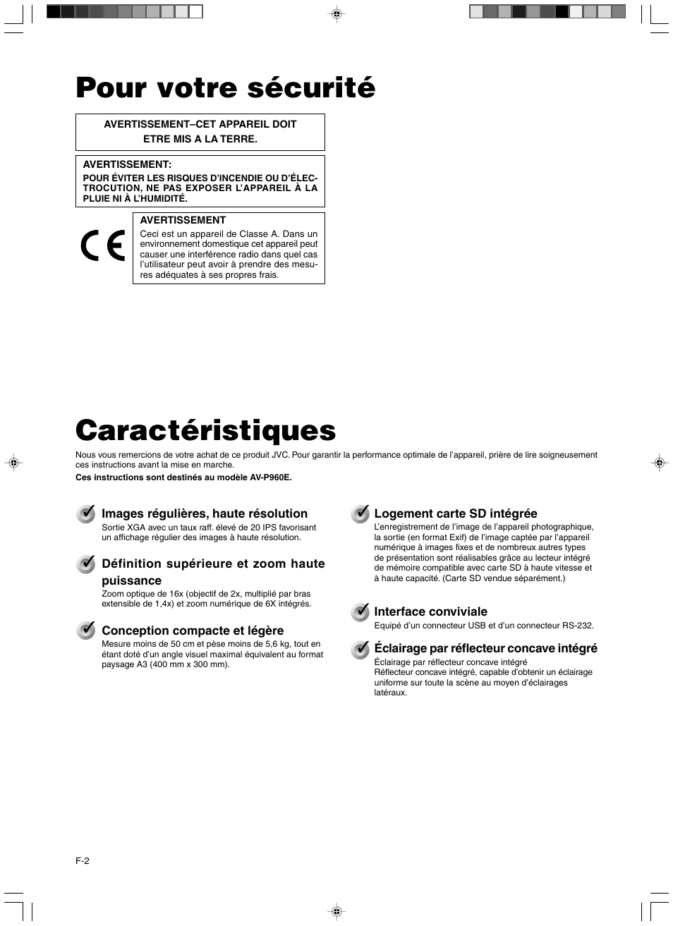 Mise en route, Pour votre securite, Caracteristiques | Pour votre sécurité, Caractéristiques | JVC AV-P960E User Manual | Page 29 / 109